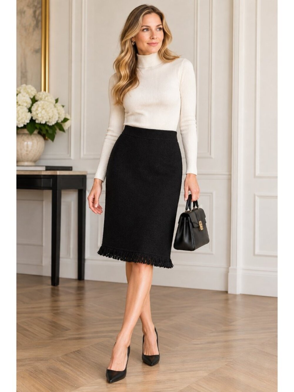 St John Collection Marie Gray Black Knit Fringe Hem Skirt Size 14 USA